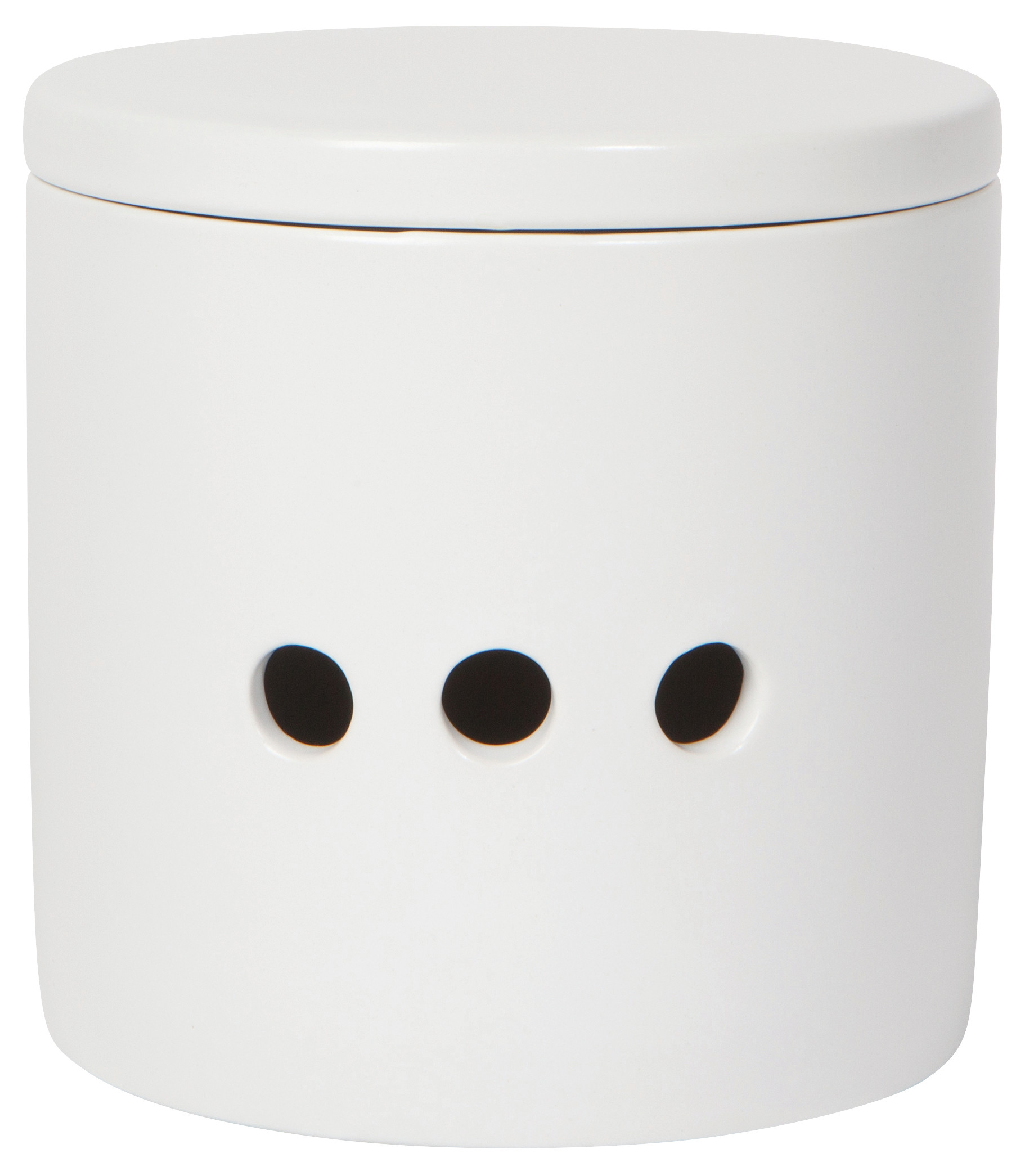 Danica white ceramic garlic keeper with a lid and three ventilation holes